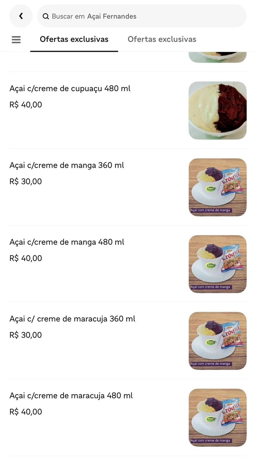 Catálogo do Açaí Fernandes antes da reformulação visual